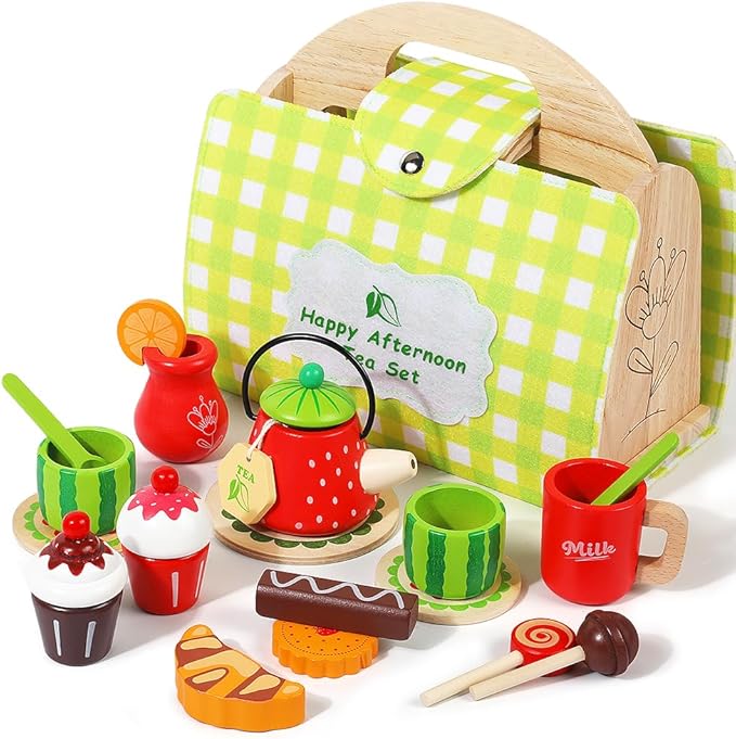 JAUNTY Tea Party Set Toy for Little Toddler Girl 3 4 5 6 Years Old, Wooden Tea Set Pretend Role Play Kitchen Toy with Carrying Case, 3-5 Year Old Kids Girls Boys Birthday