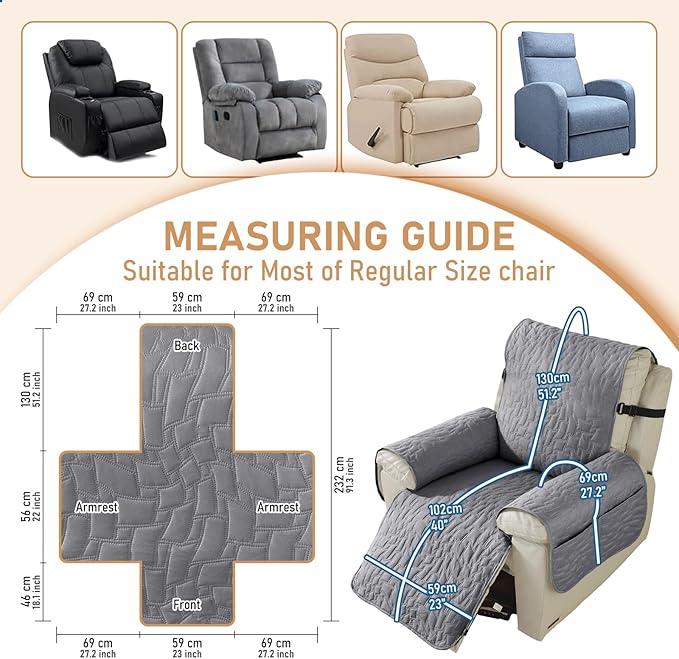 100% Waterproof Recliner Chair Covers for Reclining Chair, Small Recliner Covers That Stay in Place, Non-Slip Recliner Armchair Cover with Pockets for Kids, Pets, Dogs, Cat, Washable,Light gra