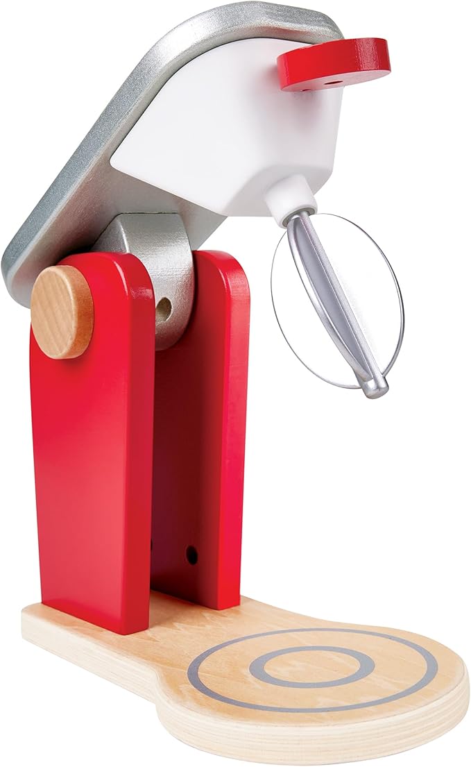 Hape: Wooden Mix & Bake Set - Red - Wooden Kitchen Toy Appliance, Pull String Spinning Blades, Realistic Baking, Interactive Pretend Play, Kids Age 3+