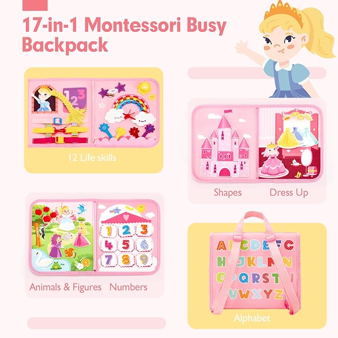 hahaland Montessori Toys for Ages 2-4, Busy Board 1-4 Year Old Girl Birthday Gift 17 in 1 Preschool Learning Activities with 12 Life Skill, Number,Shape,Dressup,Animal,Figures,Baby Girl