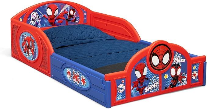 Delta Children - Marvel Spidey and His Amazing Friends 4-Piece Toddler Room-in-a-Box Set – Includes Sleep and Play Toddler Bed, Table, 1 Chair and Toy Box, Blue/Red