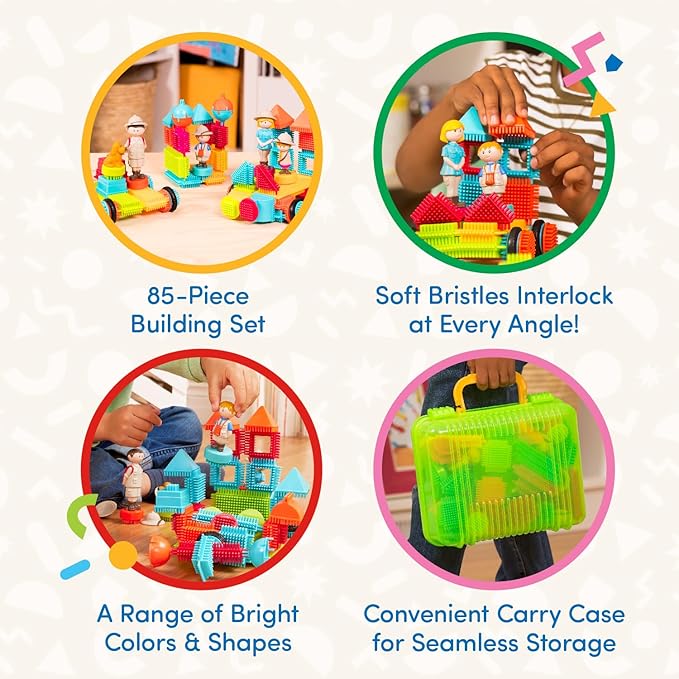 Battat- Bristle Blocks- STEM Interlocking Building Blocks- 85 pc Playset- Reusable Carry Case- Developmental Toys for Toddlers & Kids- Safari Adventure Carrying Case- 2 Years +