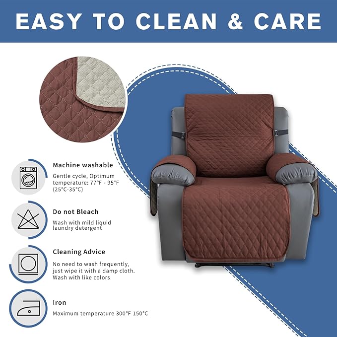 XINEAGE Water Resistant Recliner Cover, Nonslip Recliner Chair Covers for Reclining Chair with Pockets, Quilted Thick Recliner Slipcovers for Pets and Kids (Recliner Chair, Coffee)