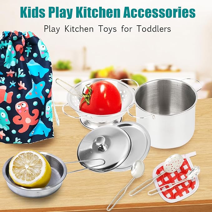 Tiny Cookware Utensils Pretend Play Kitchen Toys Stainless Steel Cooking Set Toys Montessori Kitchen Playset Kids Pots and Pans Playset,Play Kitchen Cooking Toys Kitchen Accessories for Kids Toddlers
