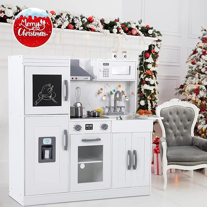 Wooden Play Kitchen with Cookware Accessories, Wooden Chef Pretend Play Set with, Wooden Cookware Pretend with Microwave, Oven, Sink, Real Lights & Sounds, White (201WA)