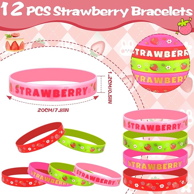 110 PCS Strawberry Party Favors Set - Berry Birthday Supplies for Kids Girls Includes Drinking Straws, Keychains, Silicone Bracelets, Sticker Strawberry Pinata Filler Goodie Bag Fillers