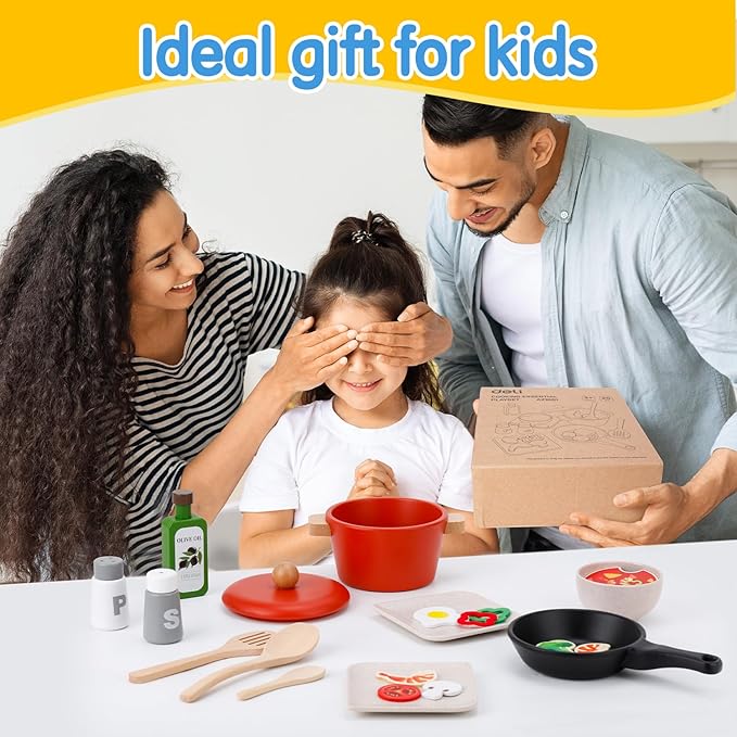 deli Wooden Play Food Set, 25Pcs Kids Play Kitchen Toys Set, Pretend Cooking Playset Acccessories for Kids Ages 3+