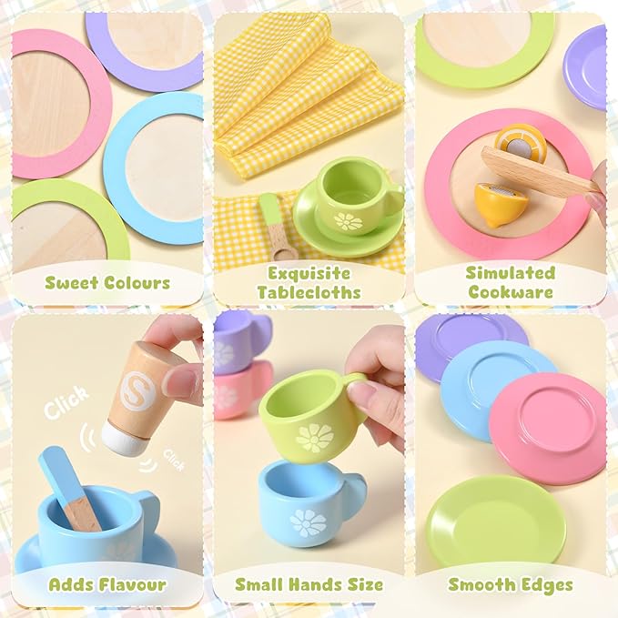 Toyssa 34 PCS Wooden Play Dishes and Plates Kitchen Set Toys for Toddler, Kids Play Kitchen Accessories with Pan & Tableware, Montessori Pretend Cooking Set Birthday Gifts for 3 4 5 6 Years Girls Boys