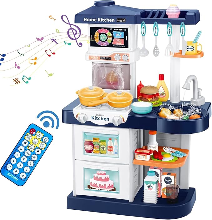 Kids Play Kitchen Toy Playset, Toddler Kitchen Toy Accessories Set w/Remote Control, Real Sounds & Light, Play Sink & Pretend Steam, Birthday for Boy Girl 3 4 5 6 7 8 Year Old