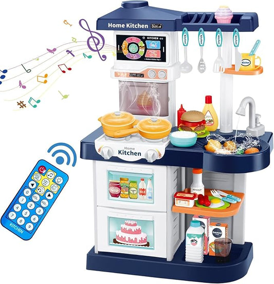 Kids Play Kitchen Toy Playset, Toddler Kitchen Toy Accessories Set w/Remote Control, Real Sounds & Light, Play Sink & Pretend Steam, Birthday for Boy Girl 3 4 5 6 7 8 Year Old