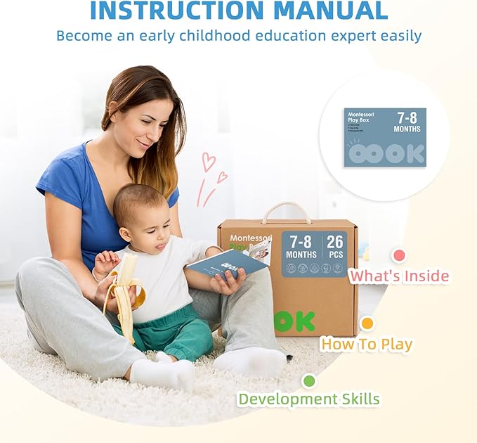 Montessori Baby Toys 6-12 Months, 7 in 1 Educational Toys for Toddlers Early Learning Present (Soft Building Blocks, Object Permanence Box, Rattle, Texture Cards, Wooden Egg, Wooden Book)