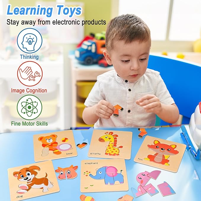 8pcs Wooden Puzzles for Toddlers 1 2 3 4, Toddler Puzzles Ages 1 2 3 4, Montessori Educational Jigsaw Toys Puzzles Christmas Birthday Gift for Kids Girl Boy 1-4 Year Old (Zoo Animals)