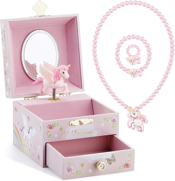 RR ROUND RICH DESIGN Kids Musical Jewelry Box for Girls with Drawer and Jewelry Set with Mysterious Unicorn - Over the Waves Tune Pink