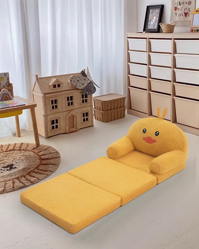 MOONBEEKI Comfy Toddler Chair, Kids Couch Fold Out to Lounger, Foldable Baby Sofa Plush for Girl and Boy Age 18 Months and Up (Duck)
