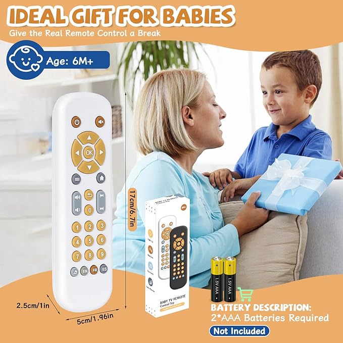 Orzbow Baby Remote Control Toy for 6 Months+ with Music, TV Remote Toy with Realistic Light and Sound - English, French and Spanish for Infant Play - BPA Free, White