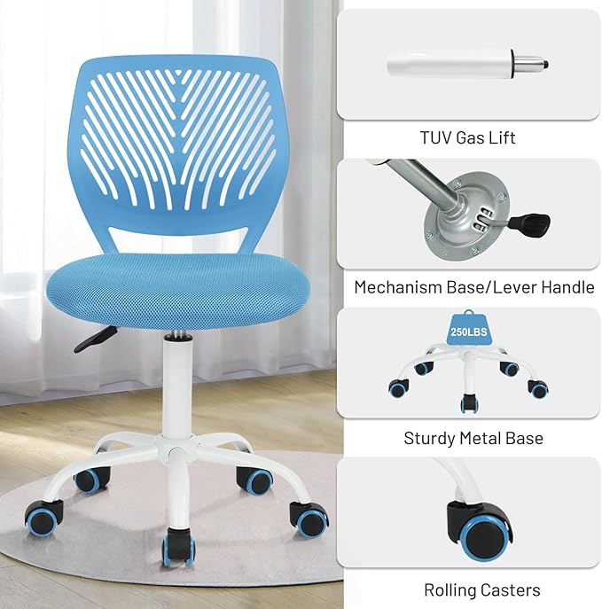 FurnitureR Desk Chair Armless Small, Mesh Comfy Home Office Chair with Plastic Low-Back, Adjustable Swivel Study Chair Computer Task Chair for Student Children Kids with Wheels, Blue
