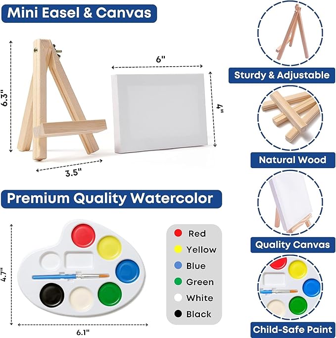 Set of 6 Mini Canvases 4x6 & Easel Set with Watercolors Paint - Party Favors for Kids 3 to 5 - Goody Bag Stuffers - Return Gifts for Kids Birthday - Small Canvases for Painting