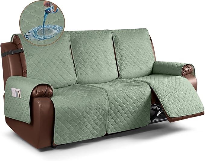 KinCam Waterproof Recliner Sofa Cover, Non-Slip Reclining Couch Covers for 3 Seat, Recliner Couch Cover Furniture Protector with Elastic Straps for Pets, Kids, Sage Green
