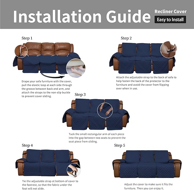 Easy-Going Oversized Recliner Sofa Cover, Reversible Couch Cover for 3 Seat Recliner, Split Sofa Cover for Each Seat with Elastic Straps for Kids, Dogs, Pets (3 Seater, Navy/Navy)