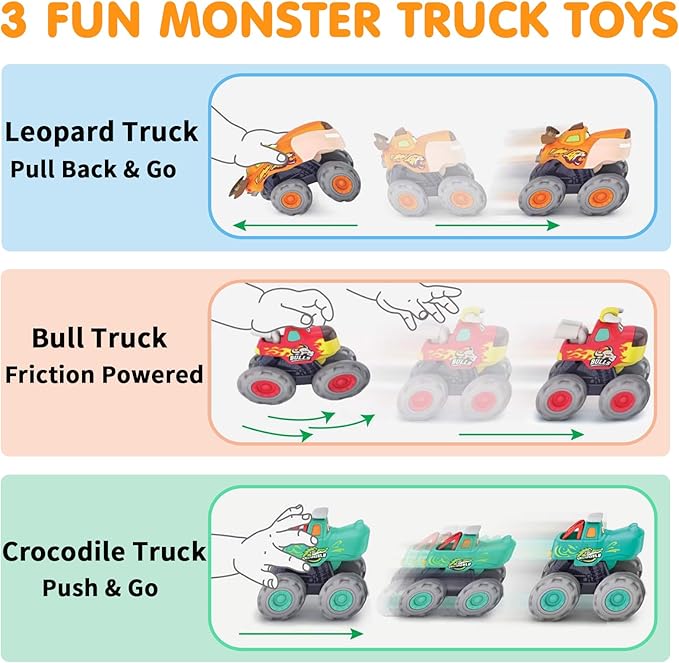 MOONTOY Toy Cars for 1 2 3 Year Old Boys, 3 Pack Friction Powered Cars Pull Back Toy Cars Set - Bull Truck, Leopard Truck, Crocodile Trucks, Push and Go Toy Cars for Toddler Boys Baby Gift.