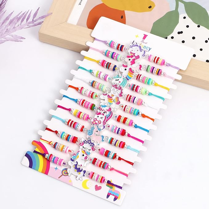 12 Pcs Unicorn Girls Bracelet for Kids Jewelry Toddler Friendship Bracelets Adjustable Toy Gift Pretend Play Goodie Bag Classroom Reward Rainbow Unicorn Party Favors Supplies