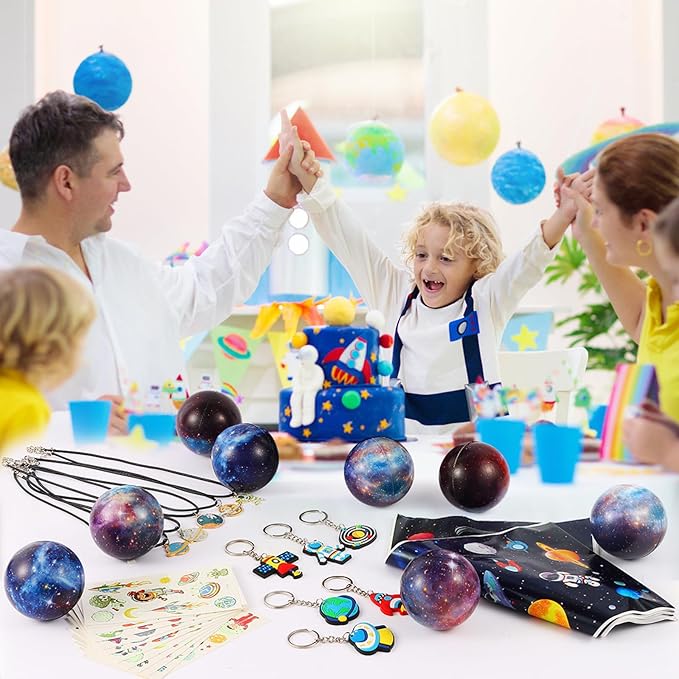 LiYiQ 87 Pcs Space Party Favors With Space Stress Balls Space Necklace Space Stamps Slap Bracelets Keychains Space Temporary Tattoo Stickers and Gift Bags For Kids Space Birthday Party Supplies
