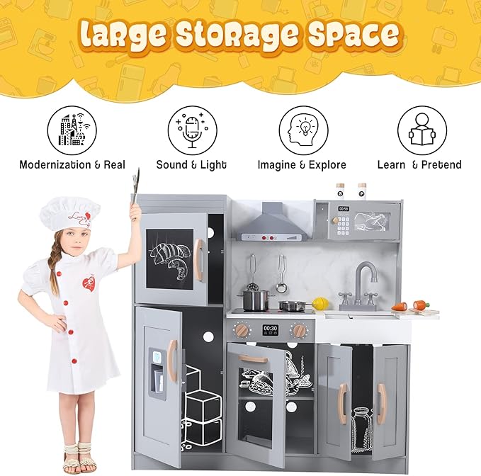 Wooden Play Kitchen with Cookware Accessories, Wooden Chef Pretend Play Set with, Wooden Cookware Pretend with Microwave, Oven, Sink, Real Lights & Sounds, Grey (201GA)