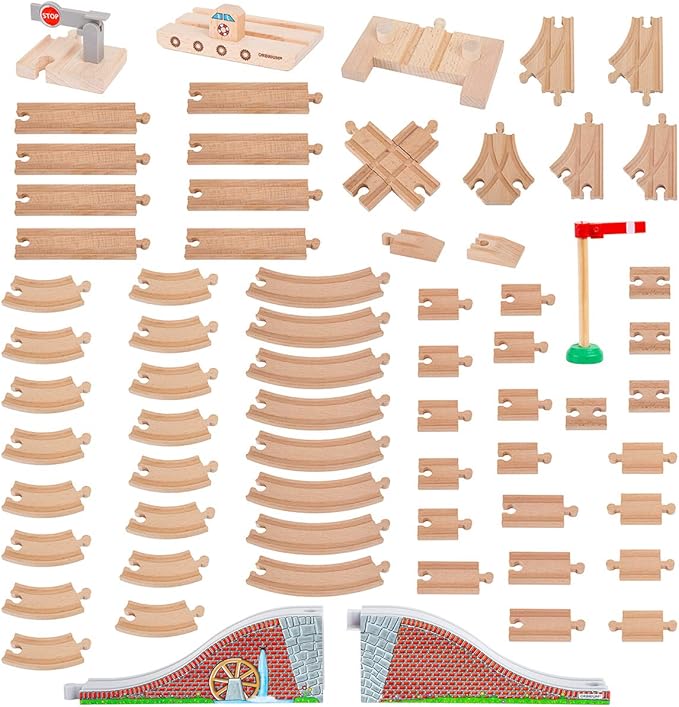 Orbrium Toys 68 Pcs Wooden Train Track Expansion Pack Compatible with Thomas Wooden Train, Brio, Thomas The Tank Engine (68 Pcs)