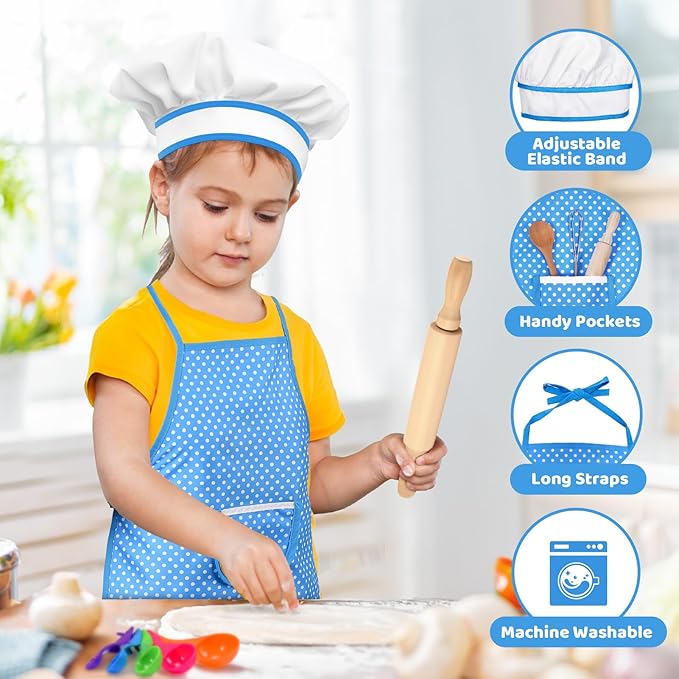Toyze Apron for Kids Cooking Toys for 3-8 Year Old Girls Boys, Chef Costume for Kids Chef Hat and Apron,Birthday Gifts for Girls Boys 20 Pcs Blue-with Cookbook