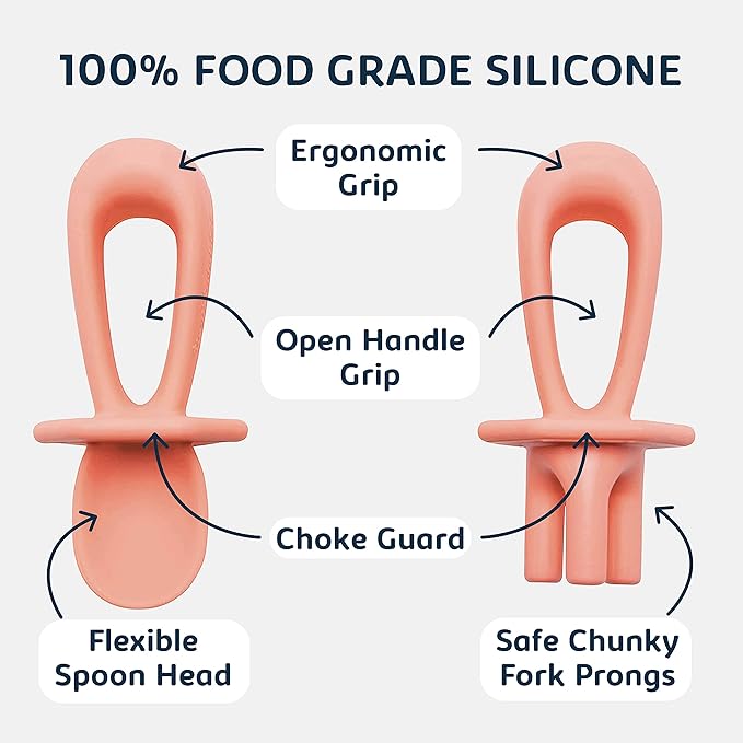 Tiny Twinkle Silicone Training Utensils - Baby Spoons and Baby Forks For Self-Feeding Training - Silicone Baby Led Weaning Utensils For Toddlers And Babies 6-24 Months - Baby Feeding Supplies (Coral)