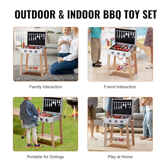 VEVOR Wooden Play Barbecue Toy Grill, Kids Grill Playset with Play Food and Grilling Tools, Wooden Play Food Kitchen Accessory (21 PCS), Pretend Play Cooking Toy for Toddlers Boys Girls Age 3+ Gift