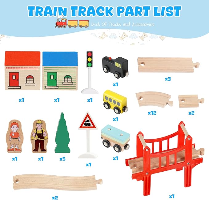 39 Pcs Wooden Train Tracks Set for Toddler, Wooden Toy with Magnetic Trains, Railway Set Christmas Toys, Compatible with All Major Brands for Girls & Boys 3-7 Years Old