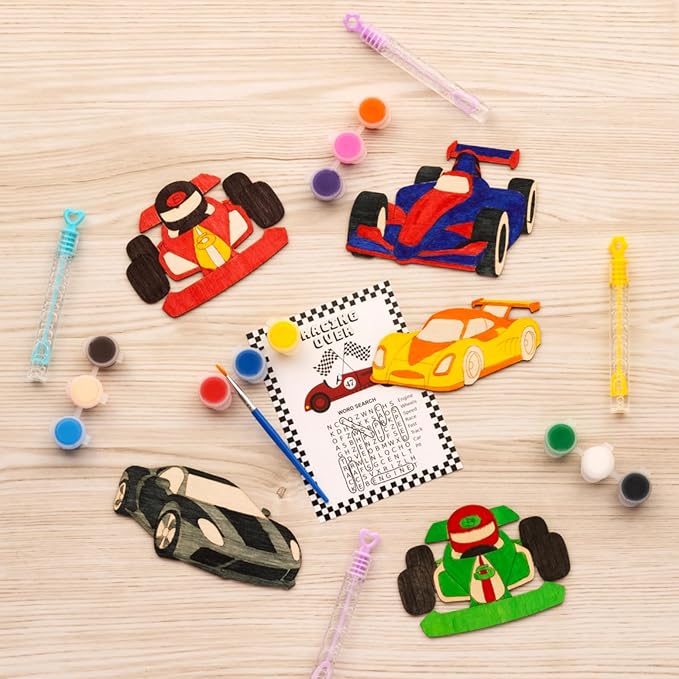 GEECOZYLIFE Race Car Painting Party Favors - 12 PCS Race Car DIY Wood Crafts Kit with Bubble Wands - Birthday Supplies Classroom Rewards Gifts Bulk - Thank You for Coming Gifts