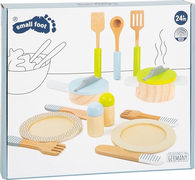 small foot wooden toys- Premium 15 Piece Kitchen Playset- Cooking and Dining Set Includes Pots, Plates and Utensils- Ideal for Toddlers 2+, Multi, (11098)