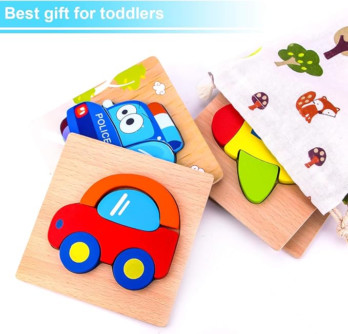 SKYFIELD Wooden Vehicle Puzzles for Toddlers 1 2 3 Years Old, Boys &Girls Educational Toys Gift with 4 Vehicle Patterns, Bright Vibrant Color Shapes, Customize Gift Box Ready(Vehicle)