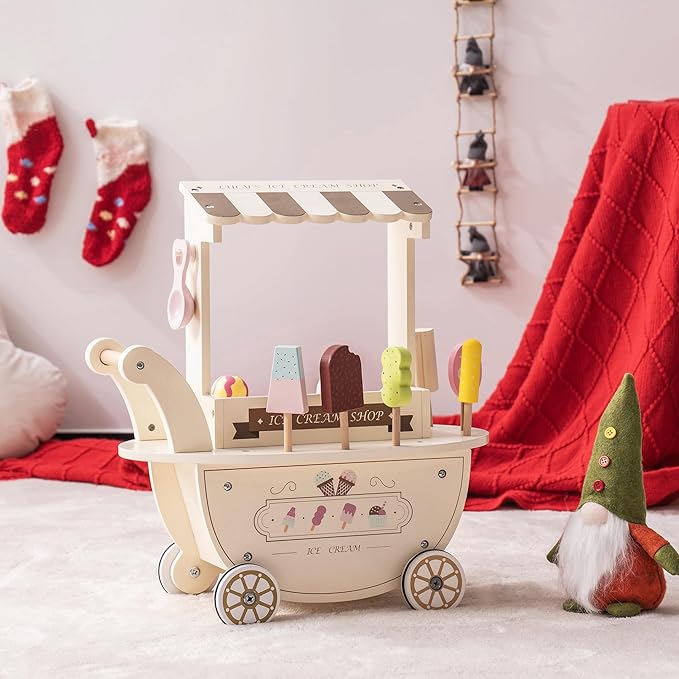 ROBOTIME Wooden Ice Cream Cart Play Set for Kids Toddlers, Pretend Play Kitchen Food Toy Gift for Ages 3+