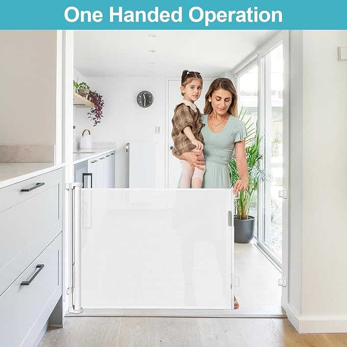 52 Inch Retractable Dog Gate for Kids Indoor Retractable Baby Gate for Doorway Retractable Baby Gate for Stair Outdoor Baby Gate for Decks Pet Gate for Stair Outdoor Child Gate for Doorways (White)