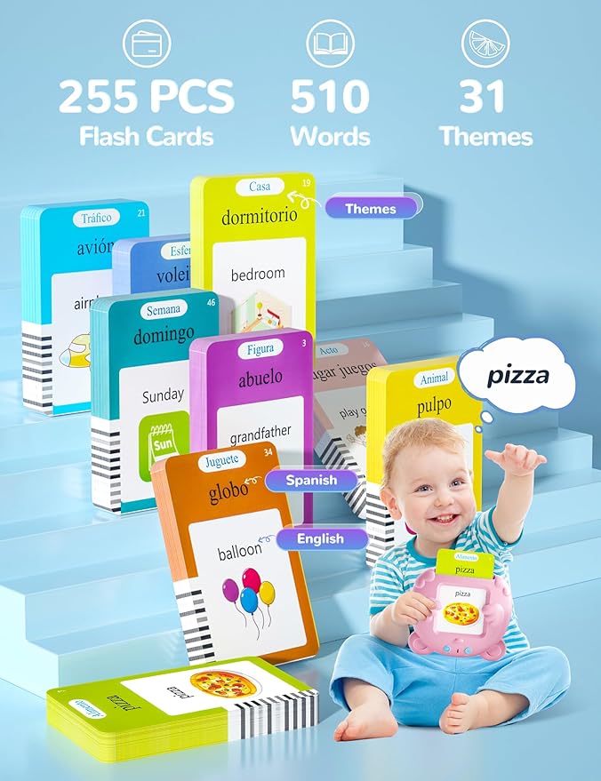 Spanish & English Talking Flash Cards for Toddlers, 510 Sight Words Bilingual Learning Toys for Children, Autism Sensory Speech Therapy Toys, Española Pocket Vocabulary Educational Toys Girls