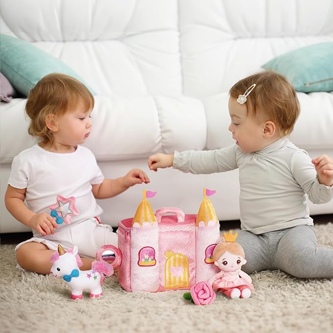OUOZZZ Princess Castle Toys for 1-3 Year Old Girl Baby Doll Plush Toy House Stuffed Animal Toy Set - Sensory Educational Toys for 12-18 Months Infant - Fisrt Birthday Gifts for Toddler