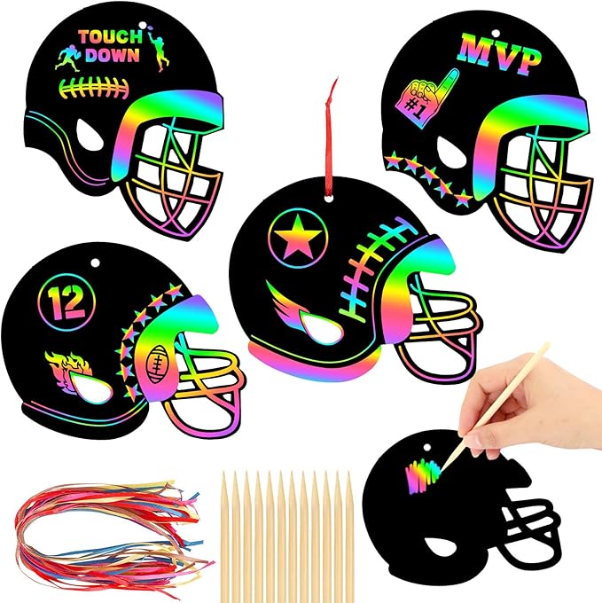 JULMELON 36 PCS Football Crafts for Kids, Rainbow Scratch Paper Art for Kids Football Party Favors Football Helmet Scratch Off Cards for Football Themed Birthday Party Supplies School Activities