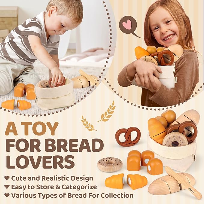 Wooden Play Food Bakery Toy Sets for Kids Kitchen Grocery Pretend Food Accessories Playsets for Kids Ages 4-8 Birthday Gift for Boys Girls Educational Toys