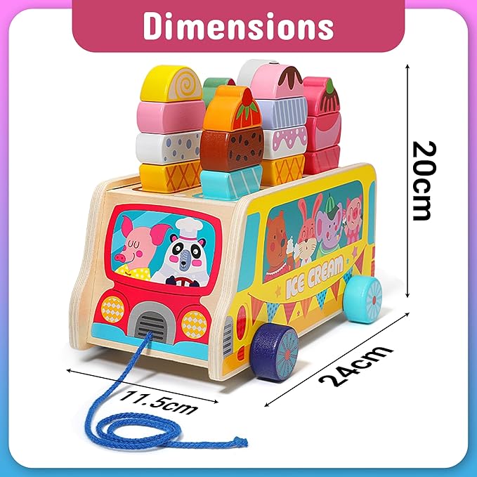 Tamy&Zee Wooden Ice Cream Truck, 27 pcs Magnetic Ice Cream Pretend Play Food & Accessories, Montessori Sorting & Stacking Toys for Toddler Girls & Boys Age 3+…
