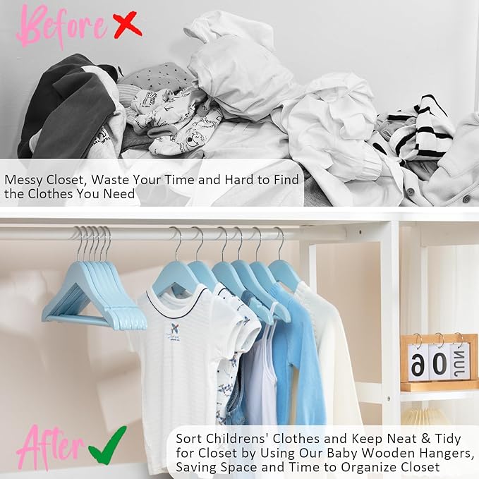 FairyHaus Kids Wooden Hangers 20Pack Blue, 12.8 Inch Baby Wooden Hangers for Closet, Anti-Rust 360° Swivel Hook, Notches & Smooth Finish, Natural Solid Wood Childrens Hangers for Clothes