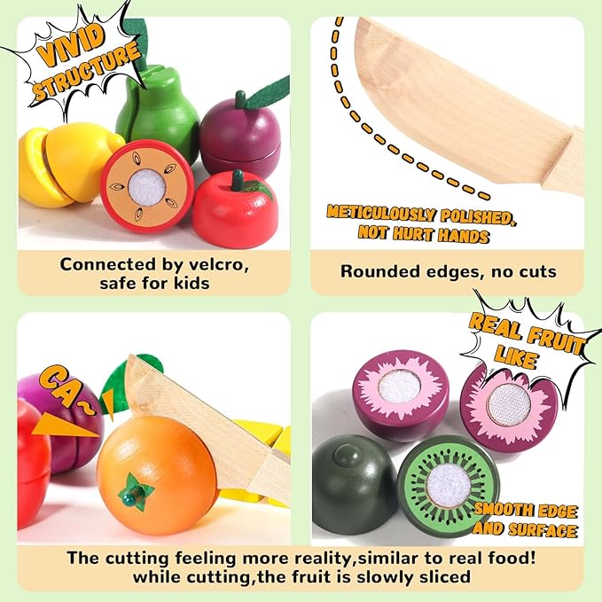 Fajiabao Wooden Play Food Set for Kids Kitchen Montessori Toddlers Toys 1-3 Pretend Cutting Fruit Educational Easter Birthday Gifts for Girls Boys 2 3 4 Year Old