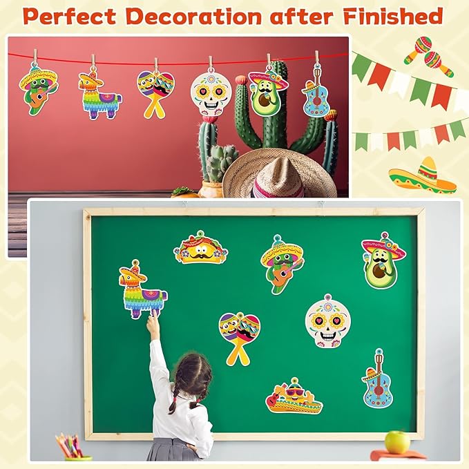 Qyeahkj Mexican Fiesta Craft Kit for Kids - 32 Pack DIY Necklaces, Taco Stickers, Arts Hanging Decoration, Party Supplies Favor, Ideal for Classroom Activities & Gift Exchange