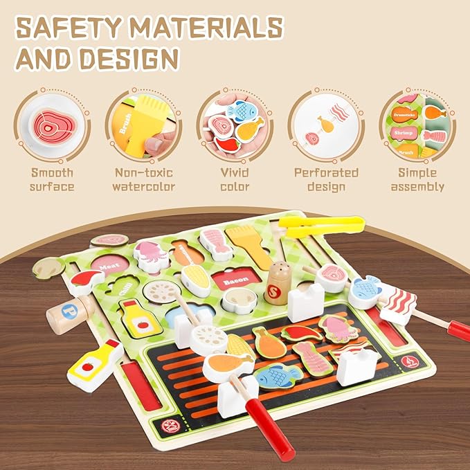 Wooden Toddler BBQ Toy Set Simulates Cooking, Grilling, Food Shape Matching Game Toddler Grill Toy for Boys and Girls 3, 4, 5, 6 Years Old, Gift for Kids