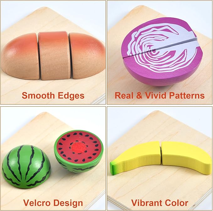 WHOHOLL Wooden Play Food for Kids Kitchen Playset, Play Kitchen Accessories Pretend Cutting Food Montessori Toys for 2+ Year Old with Basket, Toy Food for Fine Motor Skills