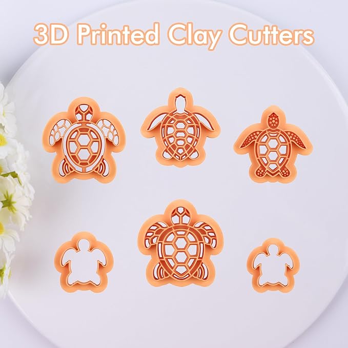 Puocaon Ocean Turtle Clay Cutters - 6 Pcs Embossed Turtle Clay Cutters for Polymer Clay Earrings, Ocean Life Clay Jewelry Cutters, 3D Print Sea Creature Polymer Clay Cutters for Earrings Jewelry