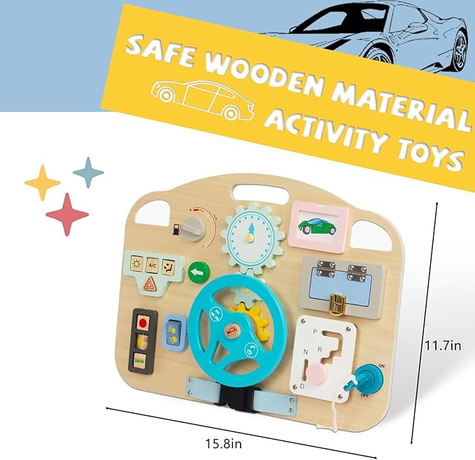 Montessori Wooden Toddler Toys, Busy Board for 1-4 Year Olds, Sensory Activity Board for Fine Motor Skills, Travel Educational Sensory Toys for Boys & Girls