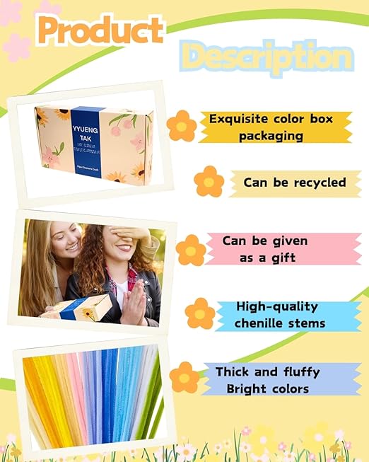 500 Yellow & Blue Pipe Cleaners Flower kit(Candy-Colored),Chenille Stems for DIY Art Projects Creative Gift,Pipe Cleaners Craft with tutoria,Pearls,Pompoms,Green Floral Wires,Stamen